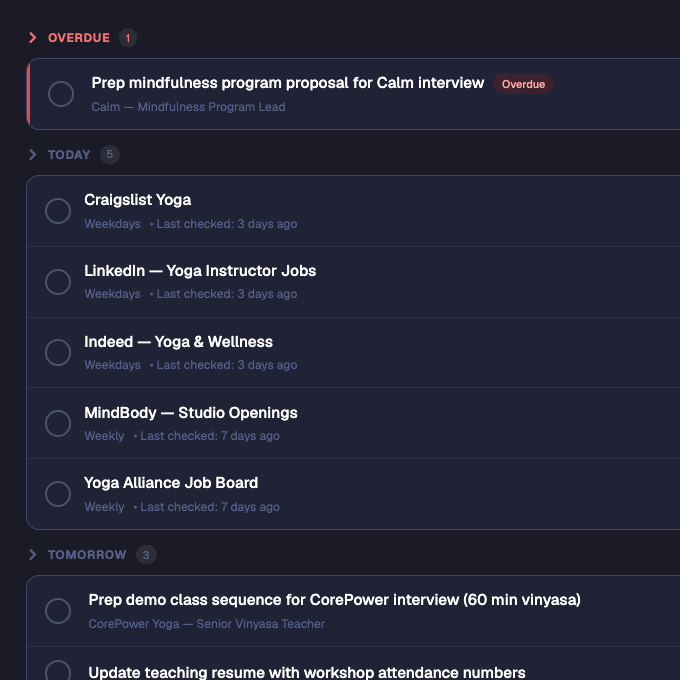 Task list with follow-ups organized by urgency