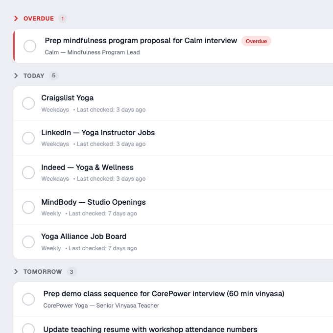 Task list with follow-ups organized by urgency