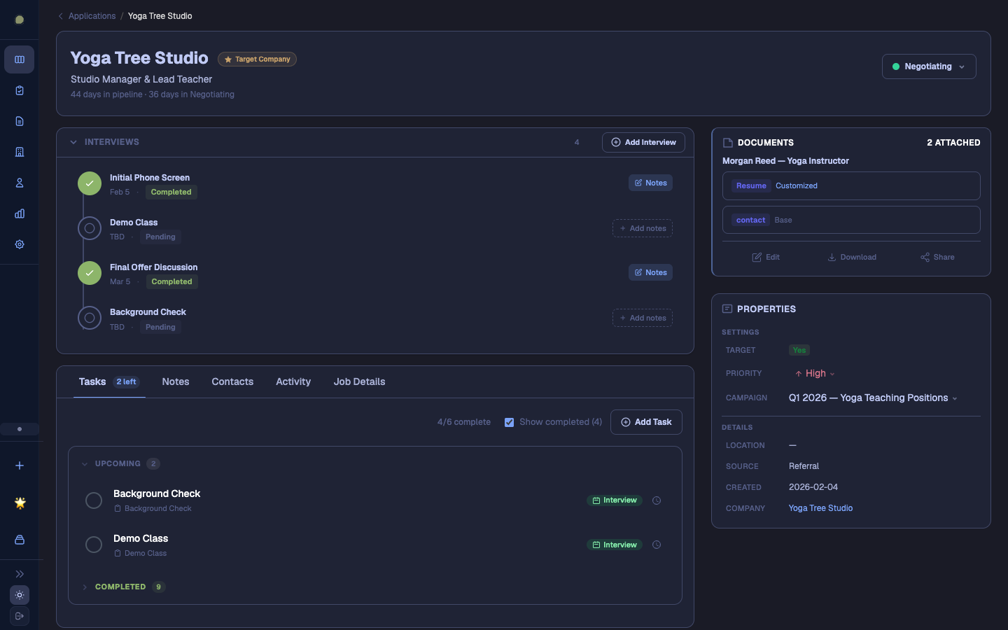 Application detail page with interview roadmap, tasks, documents, and properties