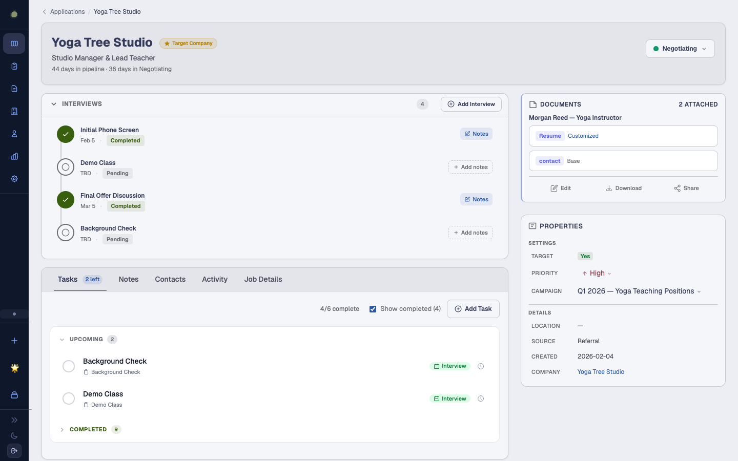 Application detail page with interview roadmap, tasks, documents, and properties