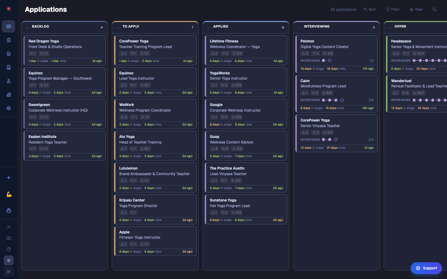 JobHunt pipeline board showing applications across stages